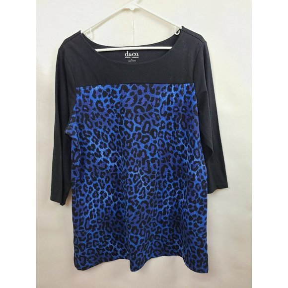 Denim & Co. Tops - Denim & Co Black Blue Leopard Print 3/4 Sleeve Tunic Top Size Large